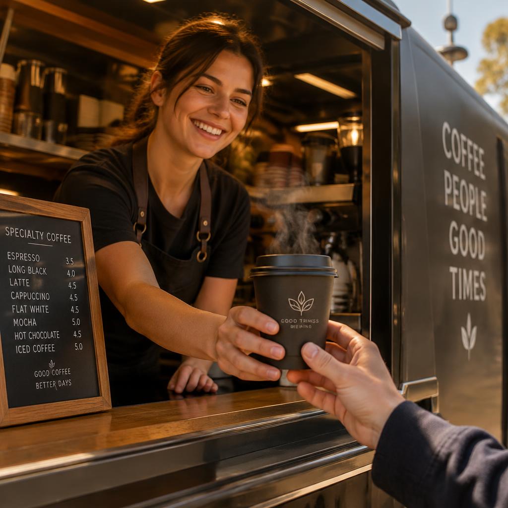 Barista handing a freshly made takeaway coffee to a customer from a coffee van