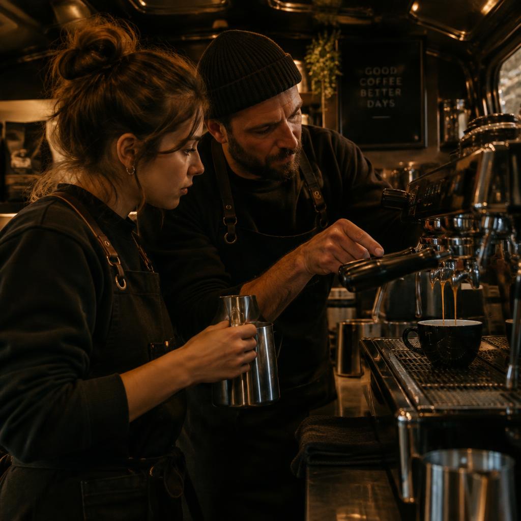 A trainer coaching a new barista on a commercial espresso machine