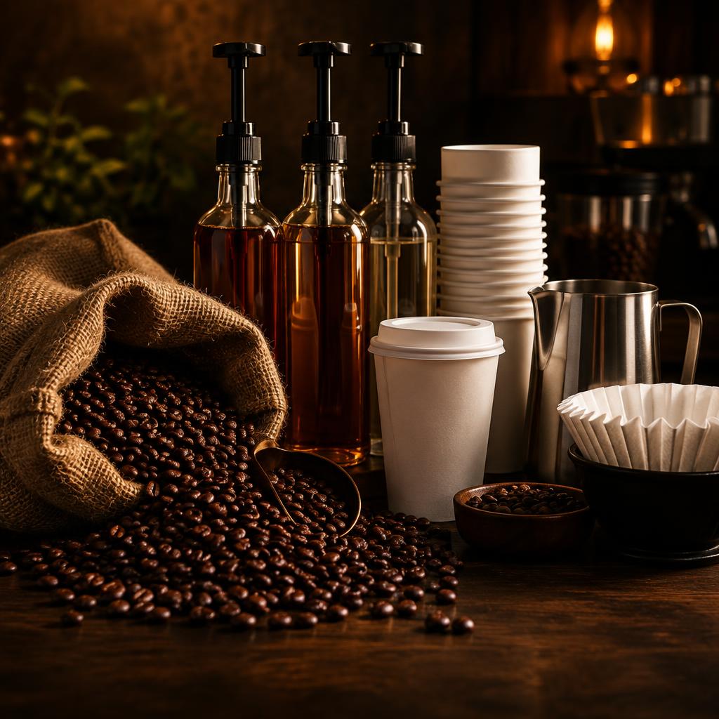 Coffee beans, cups and supplies arranged on a dark timber bench